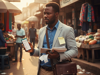 Field sales rep working from a phone in a Nigerian market